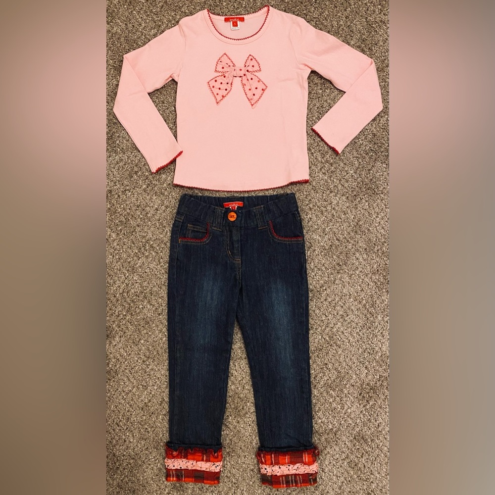 OneKid Pink Top with Ruffle Jeans Size 5